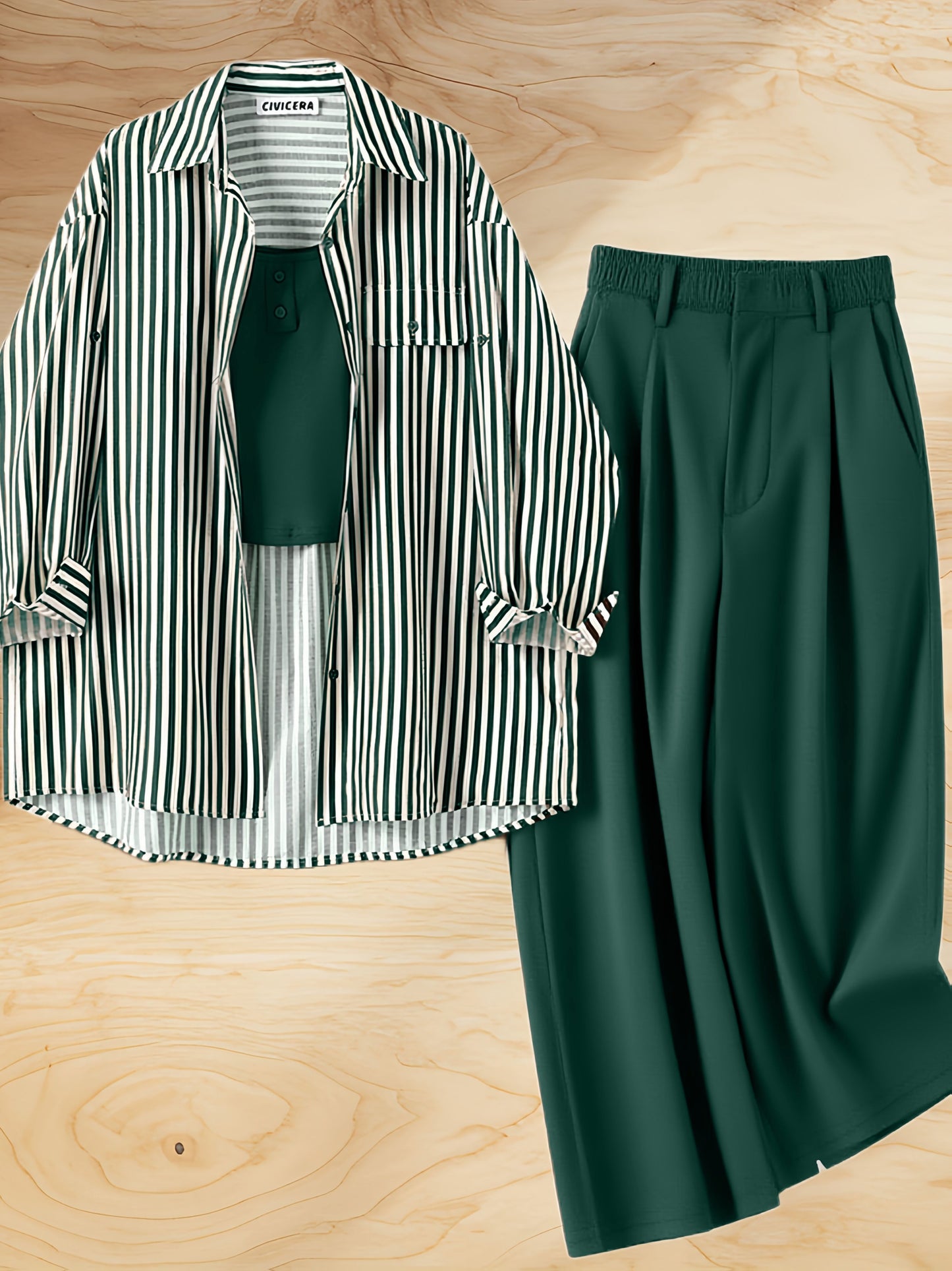 Set di 3 pezzi per donna: top a righe alla moda, camicia, gilet tinta unita e pantaloni larghi comodi, outfit elegante ma casuale, completo da lavoro femminile, abbigliamento trendy ed adatto al contesto professionale. Combinazione versatile con maglia à