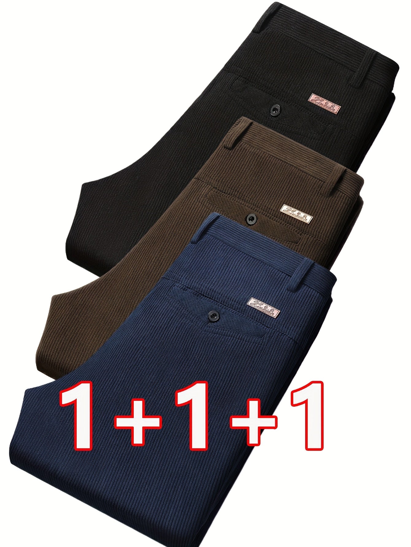 3 pezzi Pantaloni Eleganti da Uomo in Velluto a Coste - Casual Business Leggero, Semi-Formale, Tinta Unita, Vestibilità Regolare, Comfort per Tutte le Stagioni, Marrone, Blu Navy, Perfetti per Ufficio o Abbigliamento Casual, Abbigliamento da Ufficio|Aspet