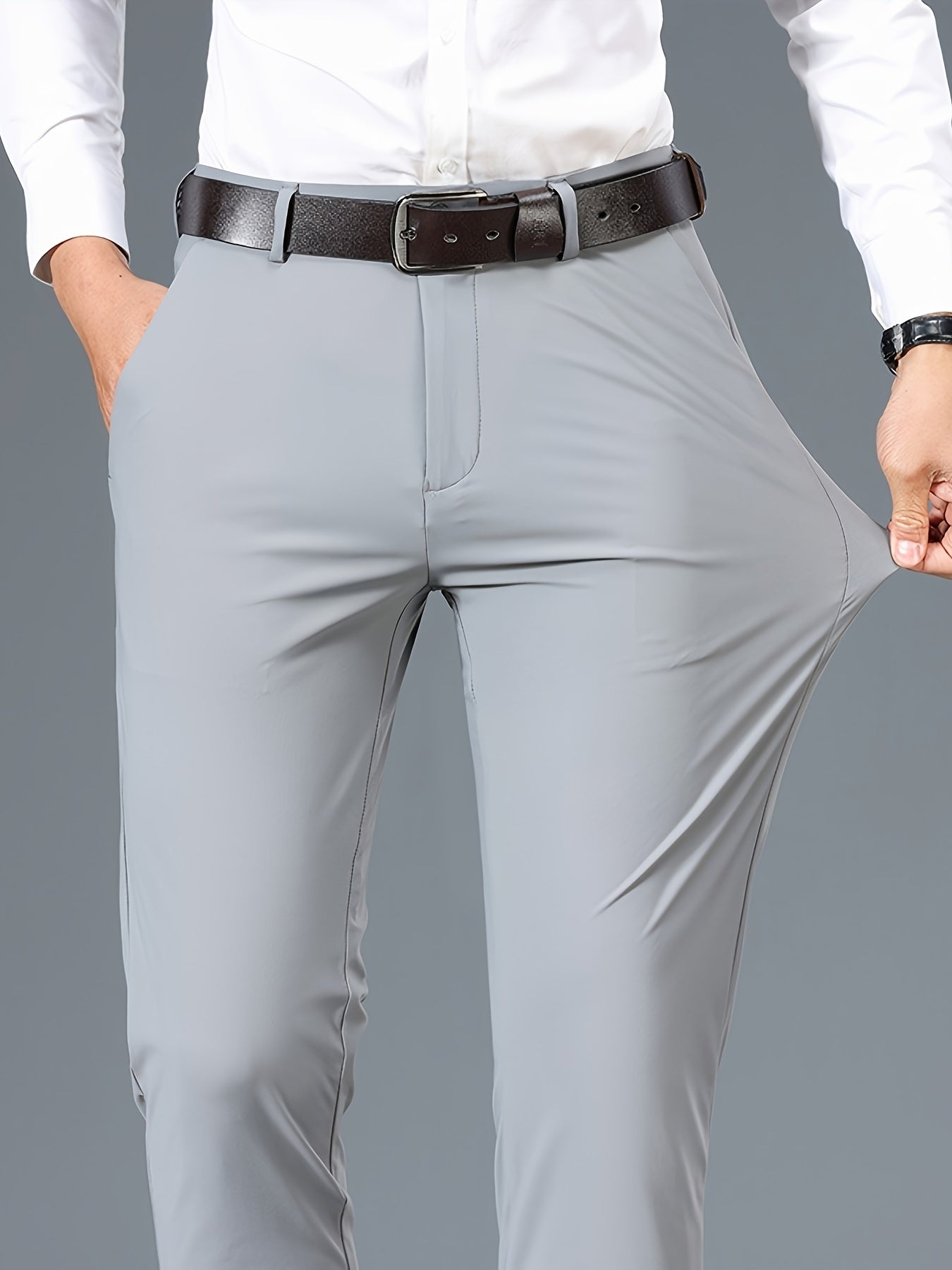 2025 Nuovi Pantaloni da Uomo in Tessuto Fibra Slicky Ice ad Alta Elasticità - tocco liscio, traspirante e elasticizzato, vestibilità regolare a vita media con dettagli di bottoni per ufficio e casual, comfort per tutte le stagioni, abbigliamento da uffici