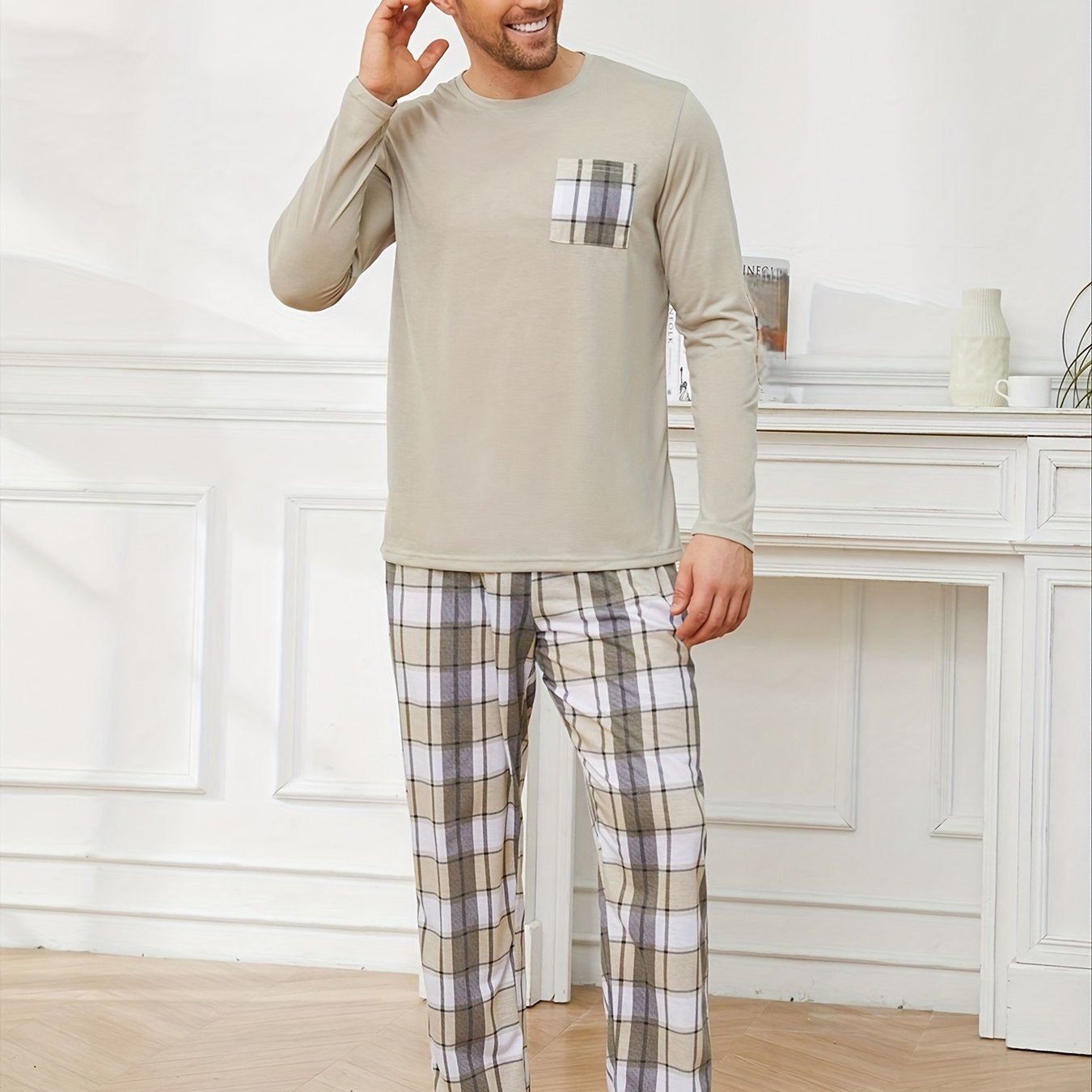 Set da pigiama primaverile/autunnale da uomo, maglietta casual con maniche lunghe e stampa a maniche lunghe, pantaloni lunghi casual da uomo, pigiama da uomo