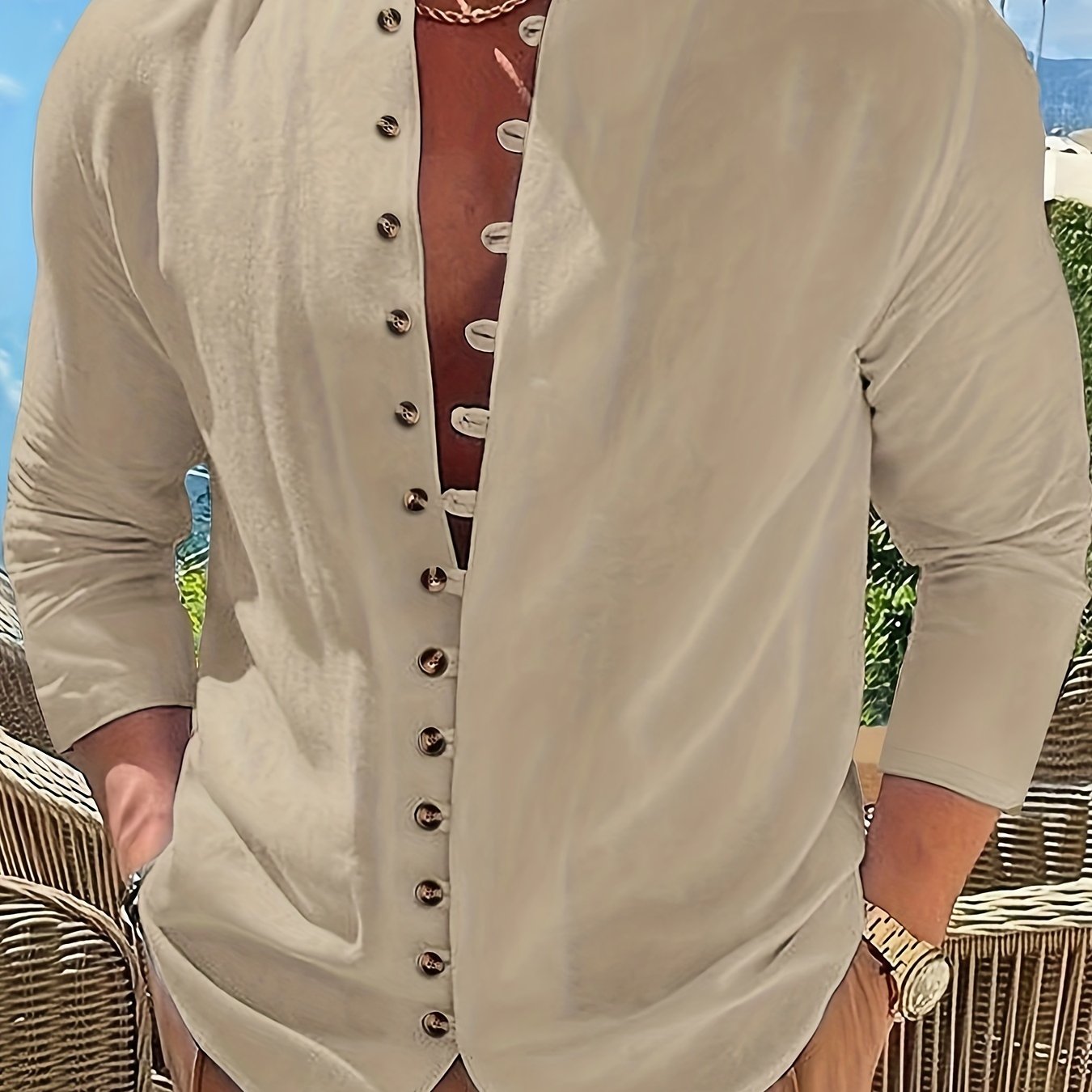 Maglietta Uomo Casual Retro a Maniche Lunghe con Collo Tondo e Bottoni, Regalo per Ramadan