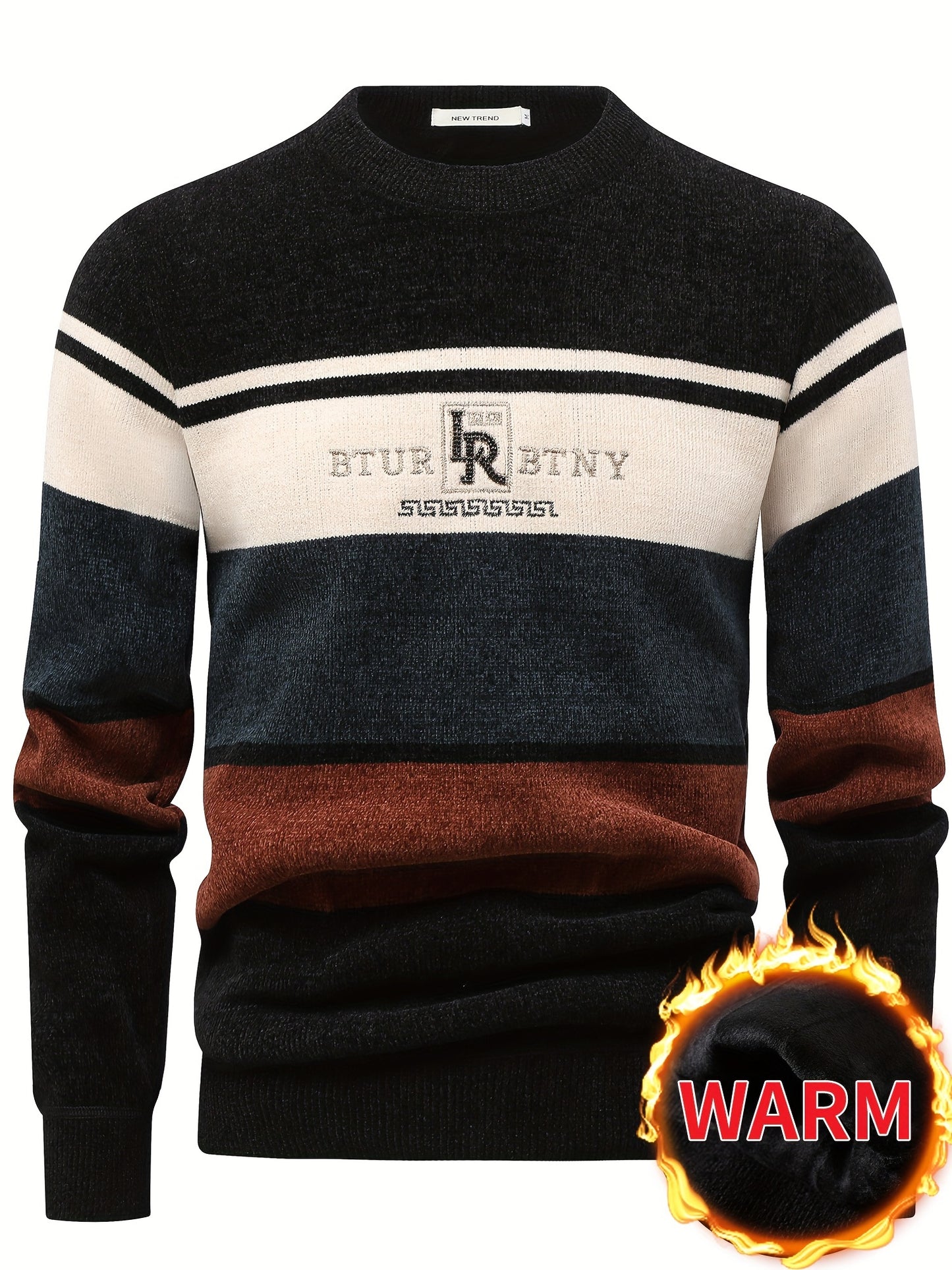 Maglione Invernale Termico Foderato in Pile Uomo Genghis - Design a Righe con Logo Lettere, Collo Tondo Maniche Lunghe, Lavabile in Lavatrice Taglio Regolare, Abbigliamento per il Freddo, Polsini e Orlo Costolati