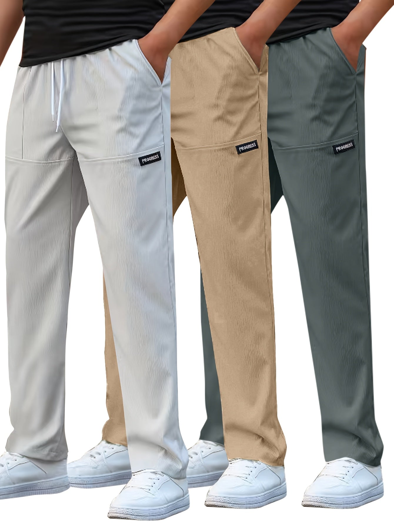 Set di 3 Pantaloni Casual da Uomo Leggeri - Gamba Dritta, Vita con Coulisse, Colore Unito (Nero, Grigio, Bianco), Abbigliamento da Lavoro Primavera/Estate, Lavabili in Lavatrice