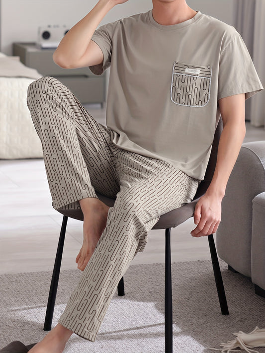 Set Pigiama Oversize Uomo in Cotone 100% - Camicia da Notte Estiva a Maniche Corte con Tasca sul Petto, Colore Beige Solido per uomini di taglia grande e comoda biancheria intima traspirante (Loungewear & Sleepwear) – Vestibilità rilassata pantaloni elast