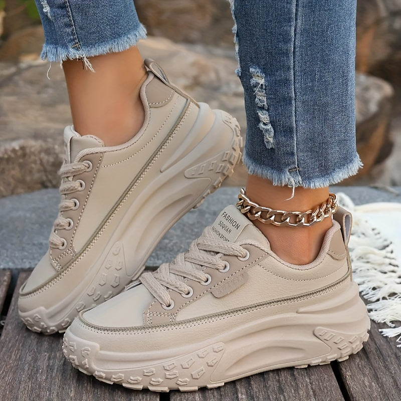 Sneakers da donna alla moda con piattaforma chunky, basse, con lacci, casual, con suola in gomma e sottopiede in microfibra, calzature da passeggio a tinta unita per tutte le stagioni