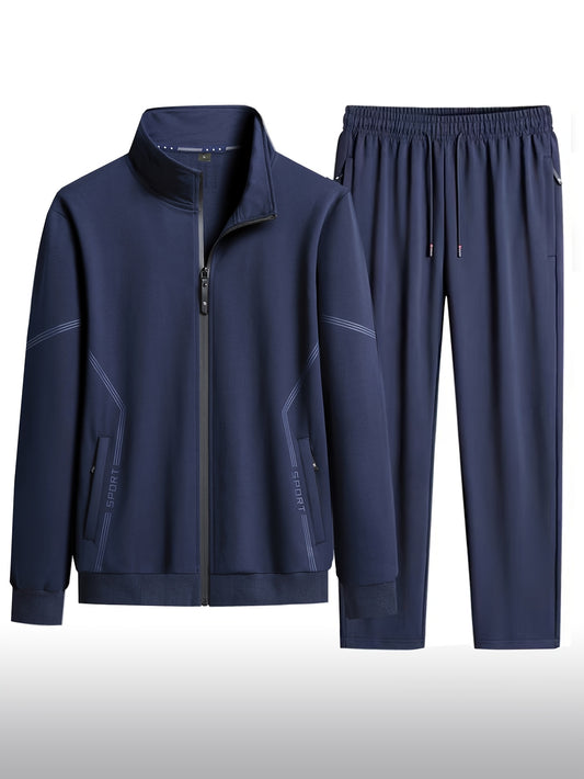 Set di abbigliamento sportivo casual da uomo - Giacca con zip grigia e pantaloni da jogging con accenti rossi, vestibilità regolare, manica lunga, comfort per tutte le stagioni, abbigliamento sportivo casual|Stile casual|Giacca con zip, Set tuta da uomo,