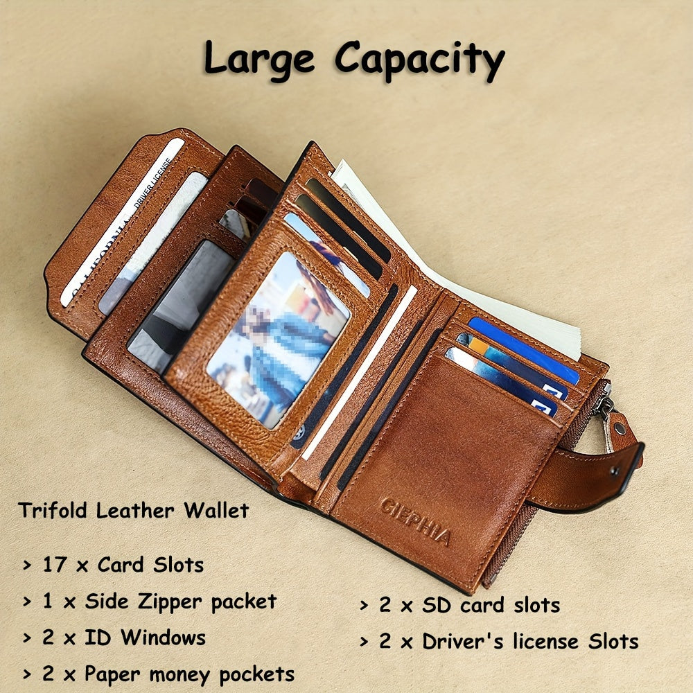 1pz Portafoglio Uomo CIEPHIA in Vera Pelle - Blocco RFID Antifurto, Marrone Scuro (Dark Tan), con Chiusura a Zip, 17 Tasche per Carte, Scomparto Monete e Finestra ID – Multi-Compartimenti Resistente ed Elegante Ideale come Regalo di San Valentino, Festa d