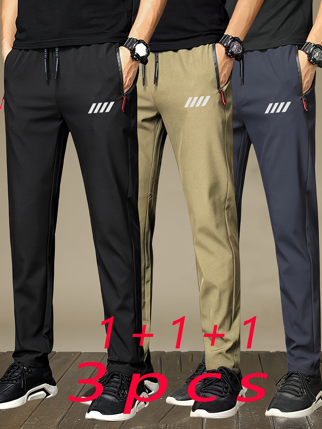 3 Pezzi di Pantaloni Sportivi da Uomo con Tasche con Cerniera, Design Stampa alla Moda, Tessuto Leggero e Traspirante per lo Sport Estivo e Abbigliamento Casual, Idea Regalo Perfetta, Pantaloni Atletici Moderni, Design Pratico delle Tasche