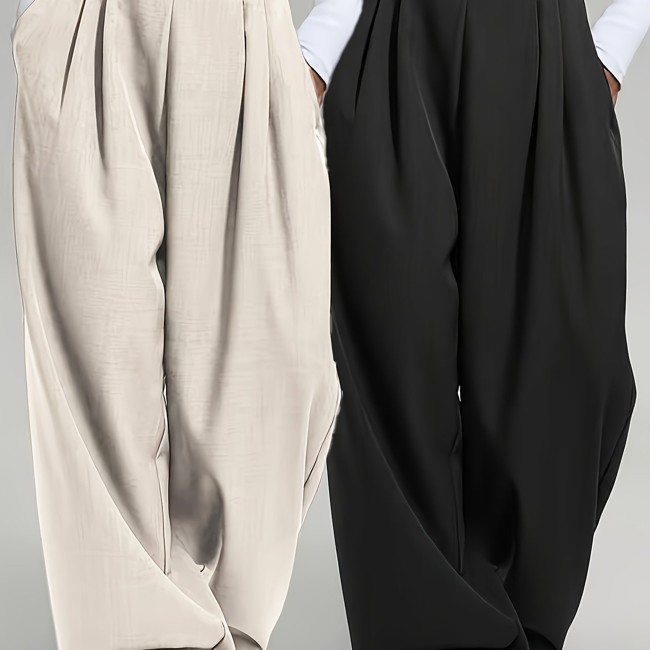 2 pezzi Pantaloni da donna eleganti a gamba larga tinta unita - Pantaloni ampi per tutte le stagioni con tasche, tinta unita e blu navy, abbigliamento casual e formale per tutte le stagioni