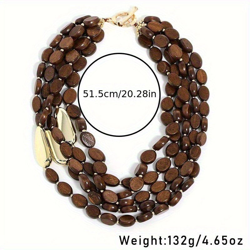 1pz Collana Bohemien Vintage Fatta a Mano con Perline Multistrato - Perle Marroni e Accenti Dorati, Gioiello Stratificato per Donne, Accessorio Quotidiano e da Festa, Regalo Chic Culturale, Stile Etnico, Testura Naturale, Perle in Legno Riciclato