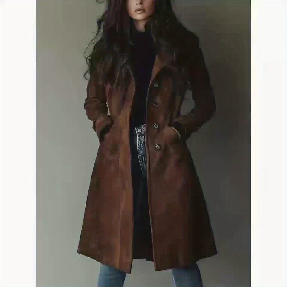 Women's Elegant Vintage Brown -Effect Coat - Classic Lapel Collar & Single-Button Closure, H-Line Silhouette, Machine Washable Winter Jacket for Office, Formal & Casual Attire - Durable All-Season Outerwear with Retro Style & Structured Fit - Timeless Wom