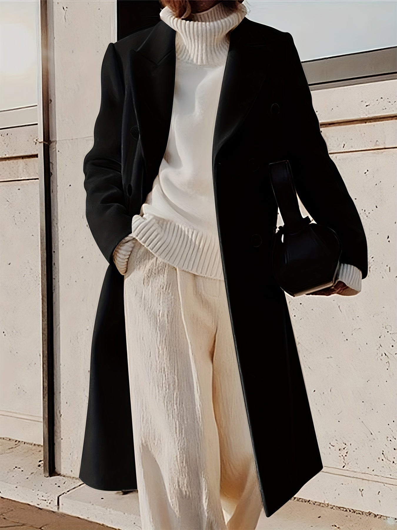 Double Breasted Lapel Overcoat, Elegant Long Sleeve Outwear For Fall & Winter, Women's Clothing