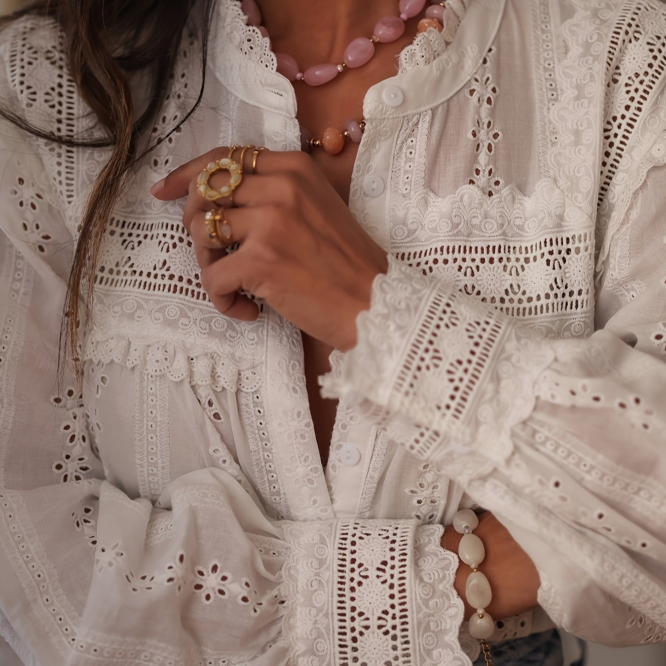 Women'S French-Inspired Elegant Long Sleeve Blouse with Lace Detailing - Round Neck, Button-Up Shirt in White, Perfect for Spring/Summer/Fall, Casual to Formal Wear, Casual Attire | Frenchinspired Blouse | Lace Detailing, Ladies Blouses