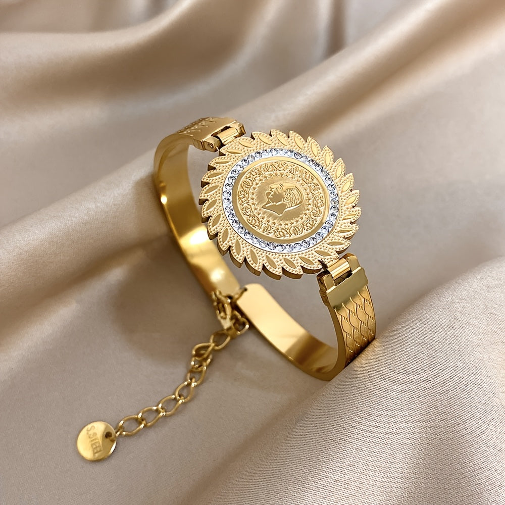 1pz Braccialetto In Acciaio Inossidabile Con Fiori E Uccelli, Rotondo Con Strass In Rilievo, Braccialetto A Cerchio Del Fiore Della Vita