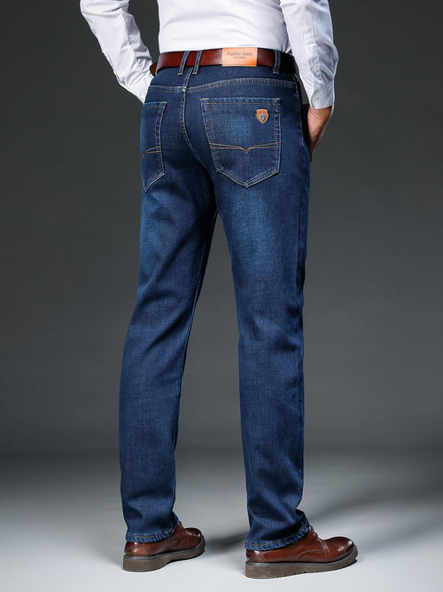 Pantaloni casual a gamba dritta con chiusura a bottoni, tasche e cintura marrone, finitura lavata blu chiaro per l'autunno/inverno, abbigliamento confortevole | Pantaloni a gamba dritta in denim finto | Design classico della tasca