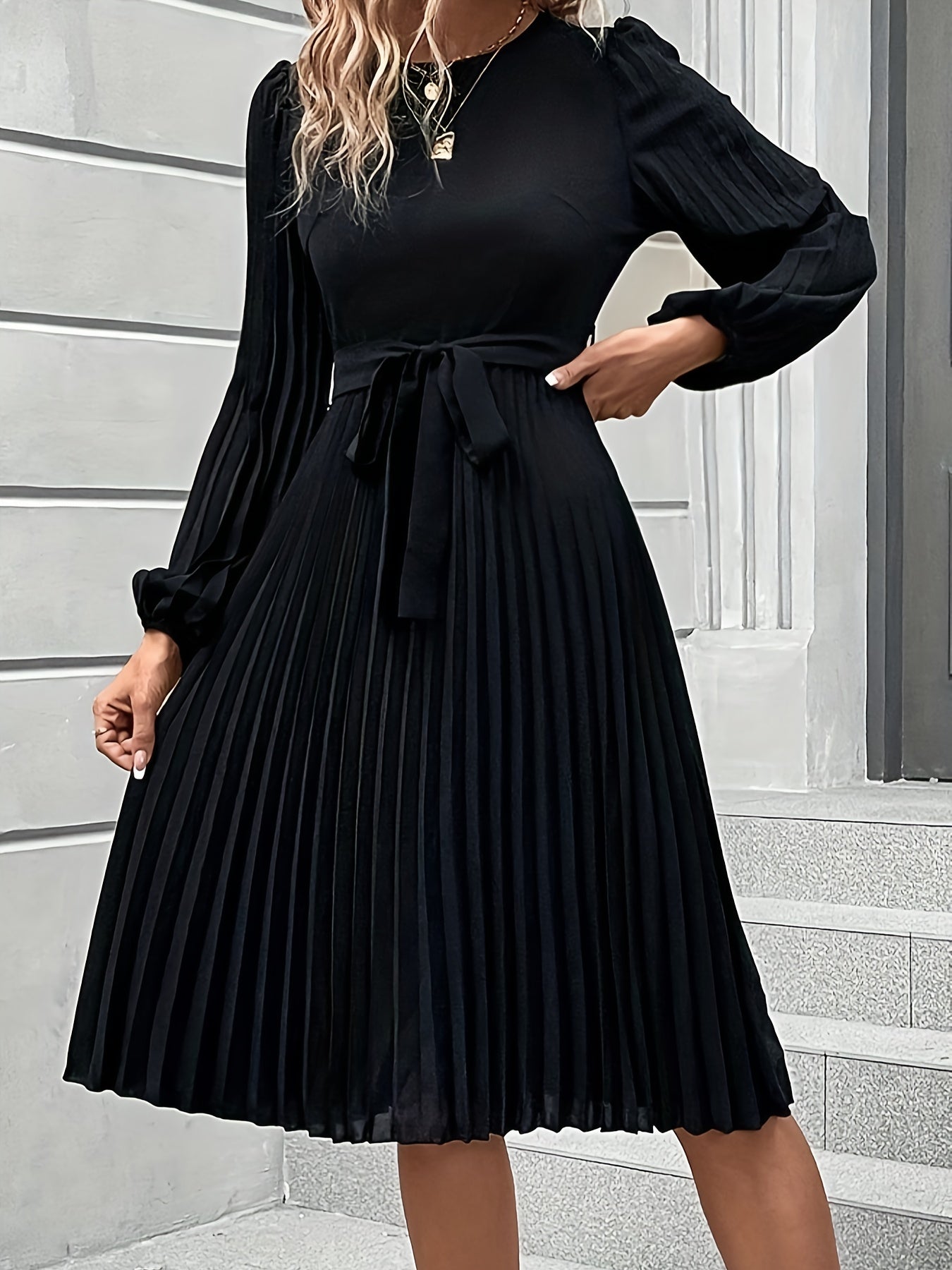 Women'S Elegant Formal & Everyday dress - Long Lantern Sleeves, Adjustable Waist Tie Belt, Flattering A-Line Silhouette, Knee-Length Party Wedding Office Outfit in - Easy-Care Women'S Clothing, Versatile Wardrobe Staple, Sophisticated Pleated Skirt, Durab
