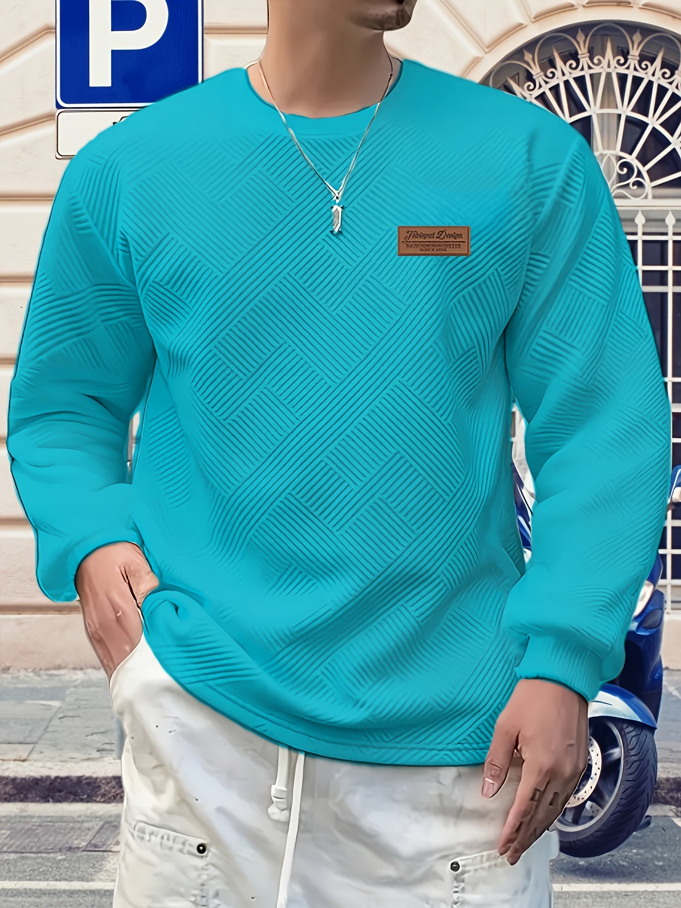 Maglione Uomo a Manica Lunga con Motivo Geometrico - Design Blu Vibrante e Nero, Taglio Regolare per Primavera/Autunno, Tessuto Comodo, Stile Casual, Cuciture di Qualità, Top Modaiolo, Abbigliamento Autunnale, Ideale per Giovani Adulti