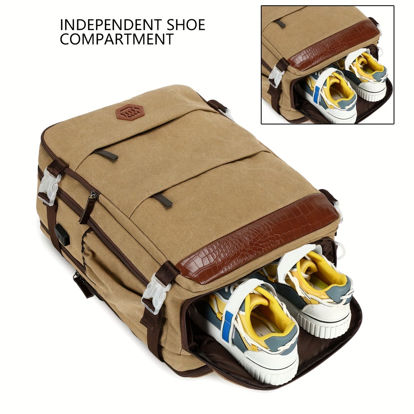 Zaino da Viaggio Approvato dalle Compagnie Aeree con Porta di Ricarica USB, Scomparto per Scarpe e Custodia per Laptop da 99,8 cm - Borsone Leggero per Università Uomini e Donne, Design Marrone & Beige, Spallacci Regolabili, Tasche Multiple, Solo Lavaggio