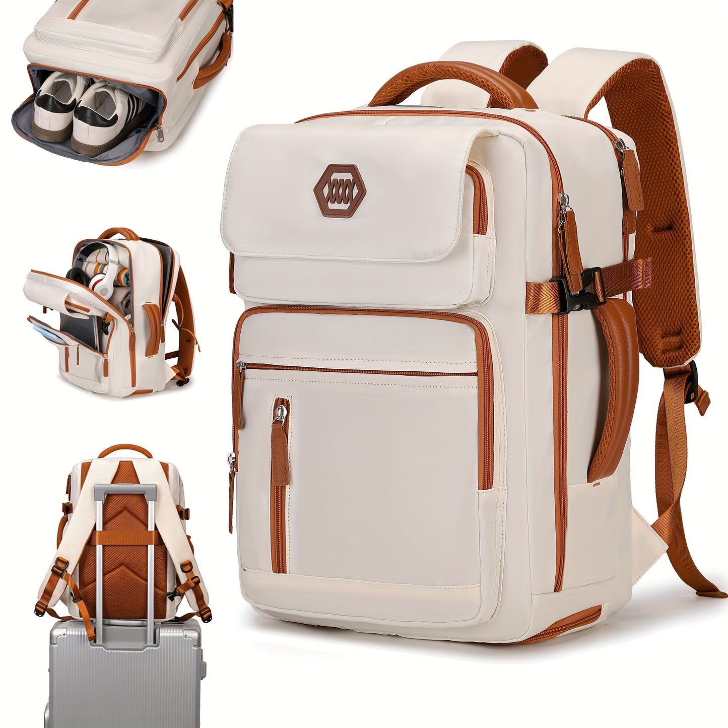 ZAINO DA VIAGGIO PER LAPTOP APPROVATO DALL'AEROPORTO da 39.62 cm con Scomparto per Scarpe e Cinghia per Bagaglio - Zaino Resistente per Affari ed Escursionismo in Beige e Marrone, Scomparti Multipli, Spallacci Regolabili, Solo Lavaggio a Mano, Design Eleg