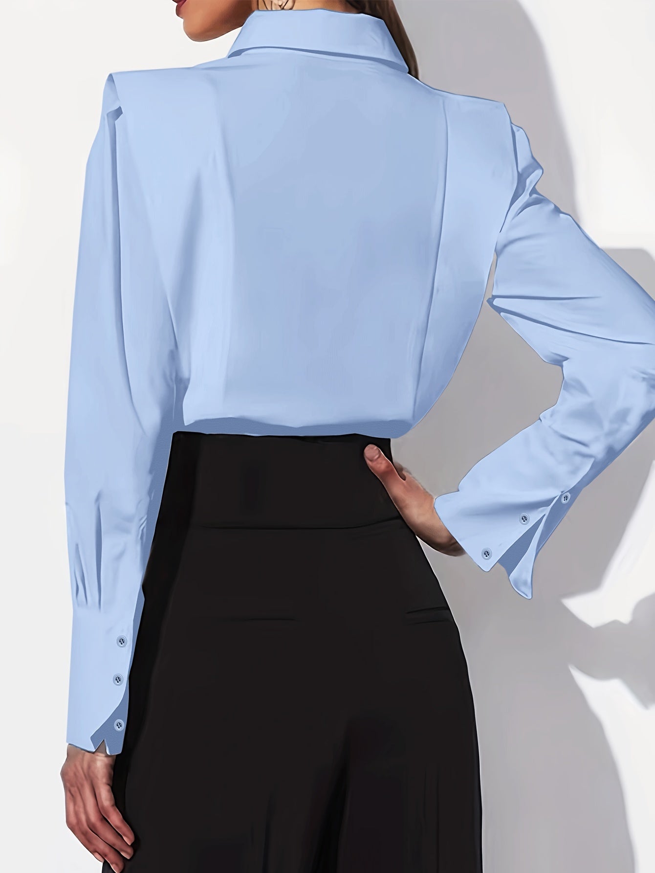 Women'S Light Blue Long Sleeve Button-Up Shirt - Casual Lapel Collar, Solid Color, Elegant Polyester Blouse for All Seasons, Perfect for Casual Attire, Ladies Blouses