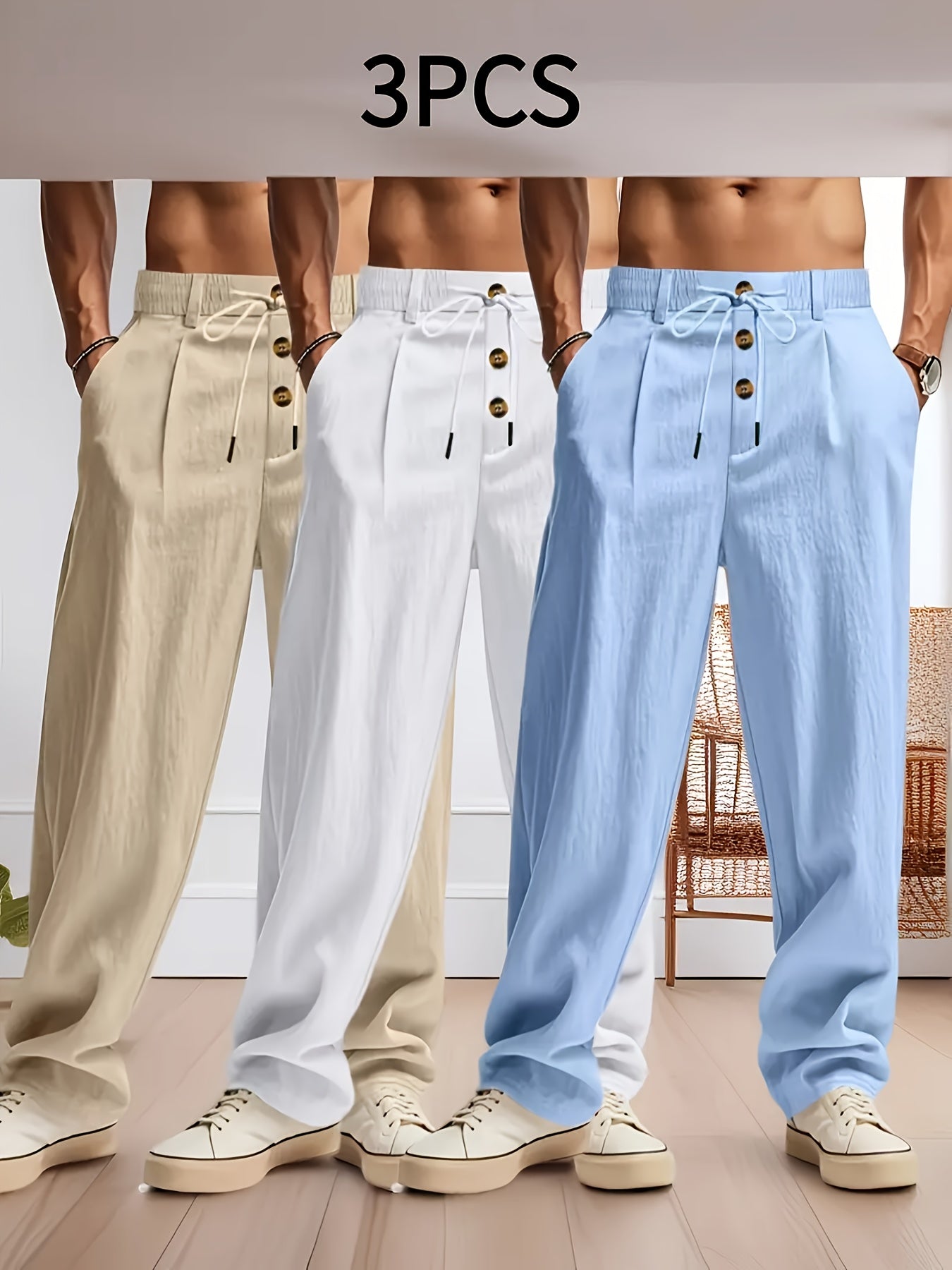 3pcs Pantaloni Casual in Lino Leggeri da Uomo - Vestibilità Rilassata Traspirante con Vita Elastica e Chiusura a Bottone, Tessuto Non Elasticizzato per Abbigliamento da Spiaggia Esterno, Comfort Tutte le Stagioni (Beige/Verde/Azzurro), Pantaloni da Spiagg