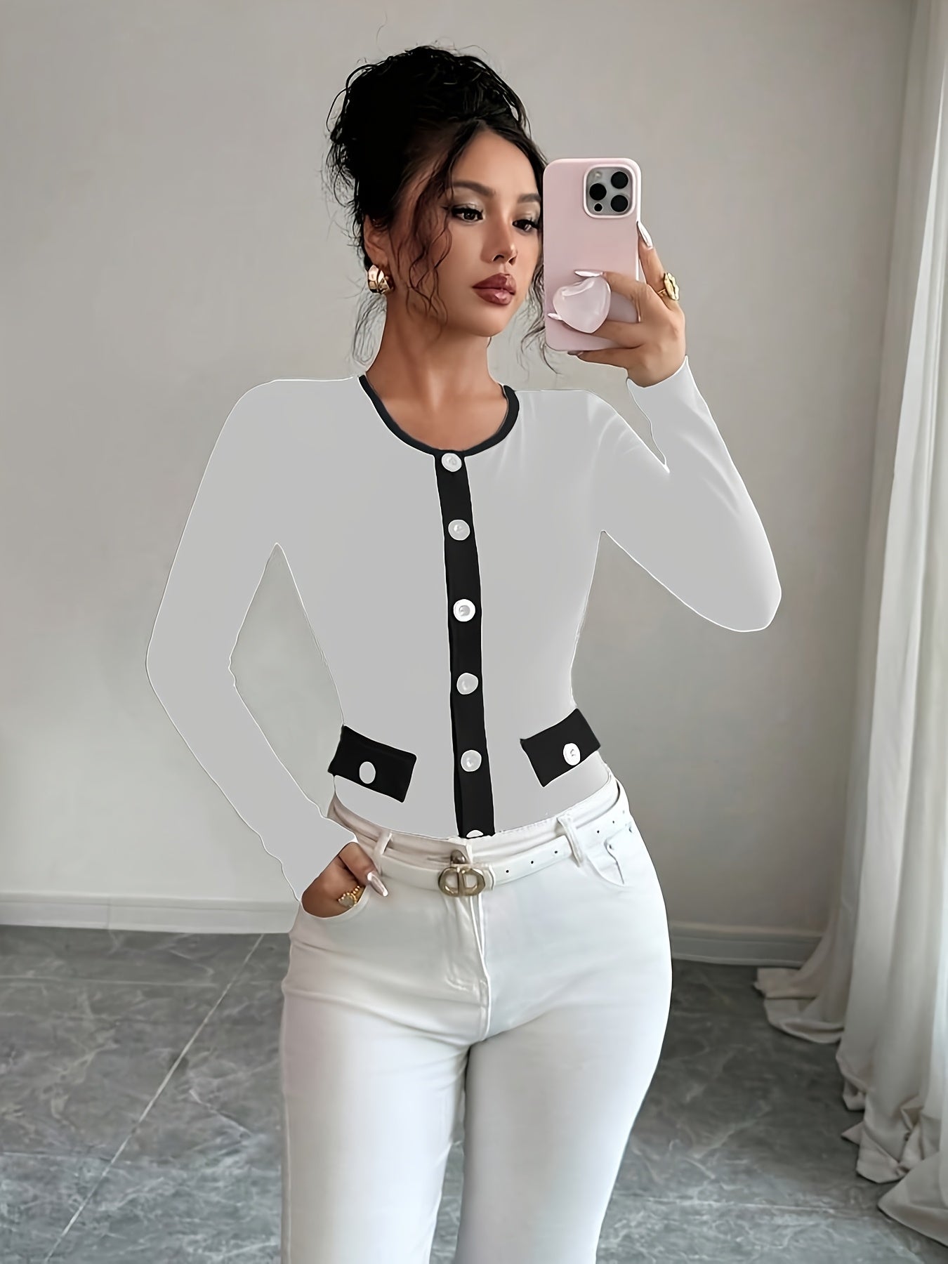 Women's Elegant Black & White Contrast Long Sleeve T-Shirt with Round Neck & Decorative Collar - Mid-Stretch Office to Casual Top, Faux Pocket Design, Spring/Fall Wardrobe Essential (Hand Washable, Non-See-Through)
