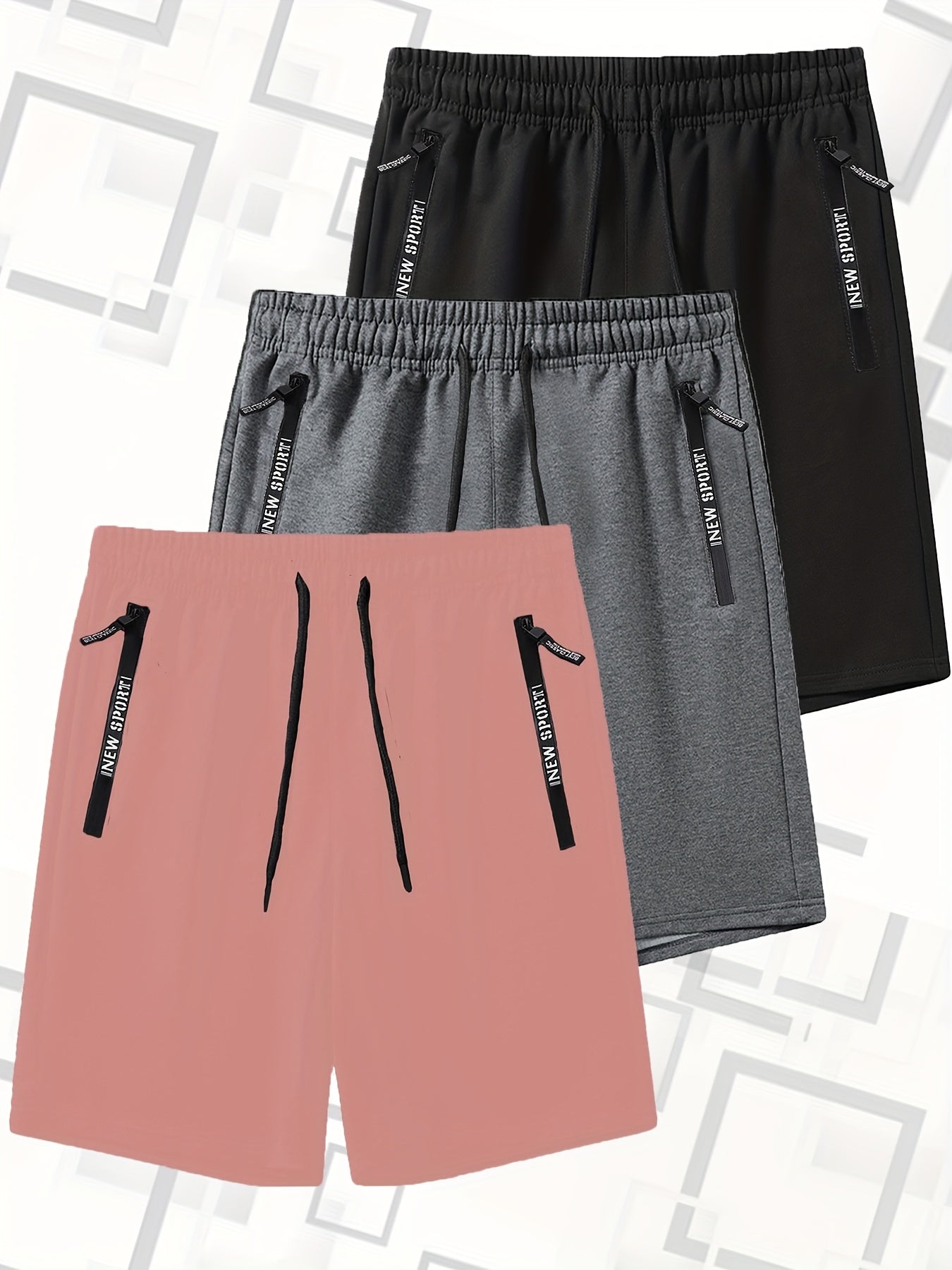 Set di 3 pantaloncini sportivi casual estivi da uomo con elastico in vita e coulisse, con tasche con cerniera, ideali per allenamenti, corsa, palestra e sport all'aria aperta.