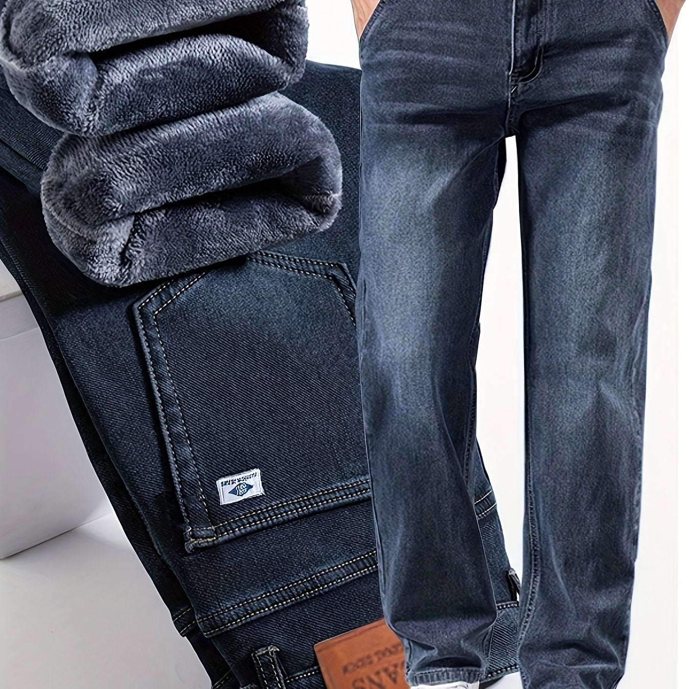 092+1# Nuova Arrivo Invernale Jeans Minimalisti Spessi Foderati in Pile Elasticizzati