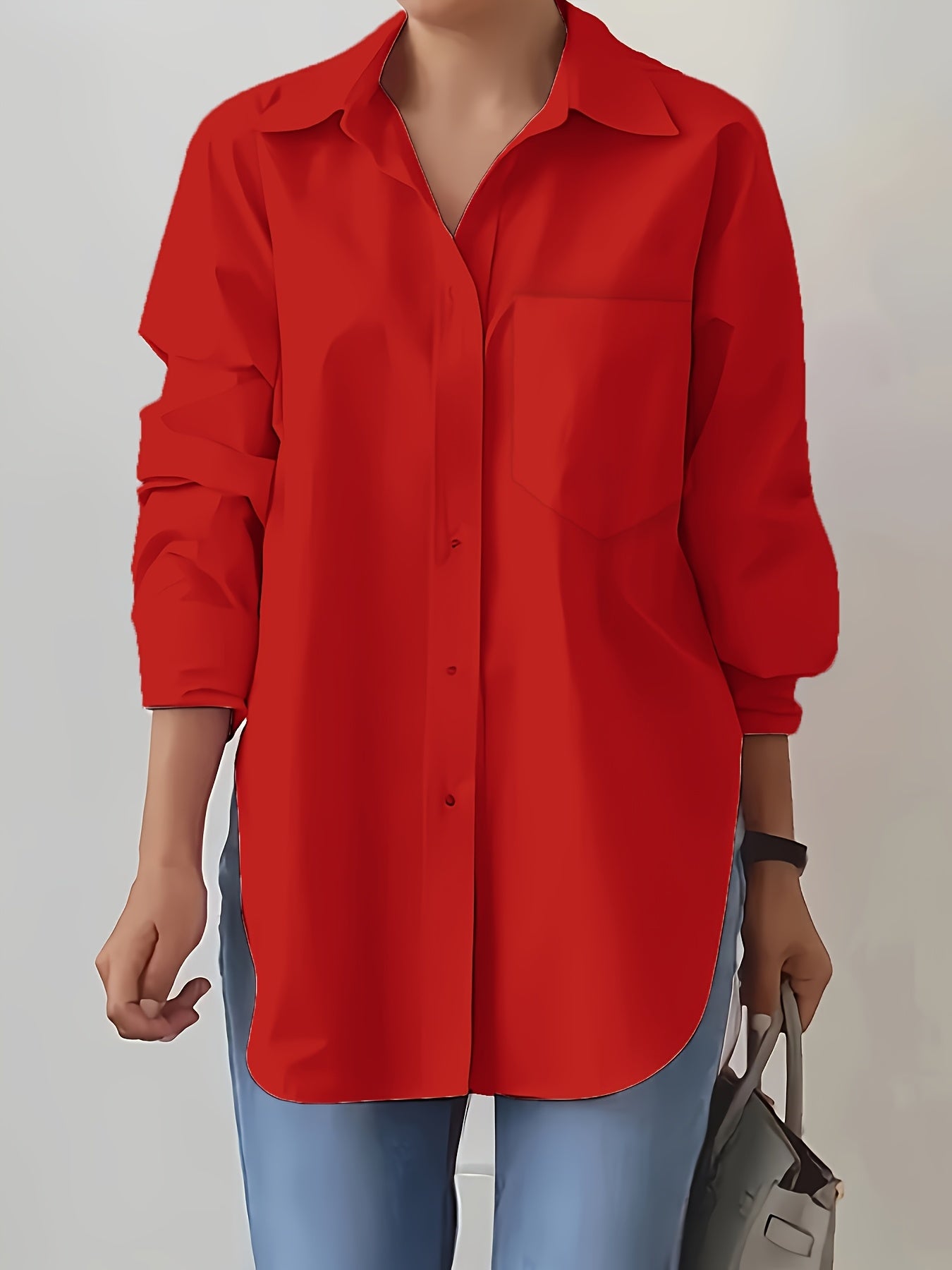 Women'S Elegant Solid Color Button-Up Shirt with Long Sleeves - Red, Casual Style, Perfect for Spring/Summer, Casual Attire|Elegant Buttonup|Long Sleeve Shirt