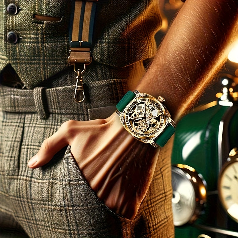 1pc Orologio meccanico a tourbillon intagliato in stile elegante per uomo giovane, senza batteria