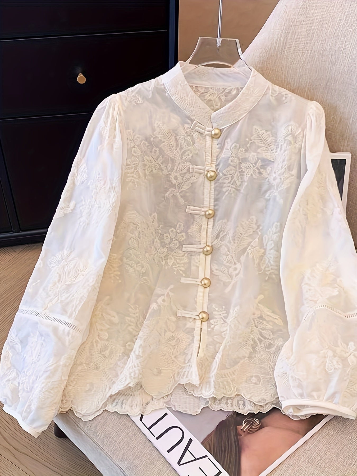 Women's Elegant Chinese-Style Embellished Blouse - Semi-Sheer Stand Collar Button-Front Jacket with Golden-Tone Floral/Butterfly/Lanterns/Clouds Patches, White Traditional Asian-Inspired Top for Weddings & Cultural Events (Machine, Elegant Two Piece Sets