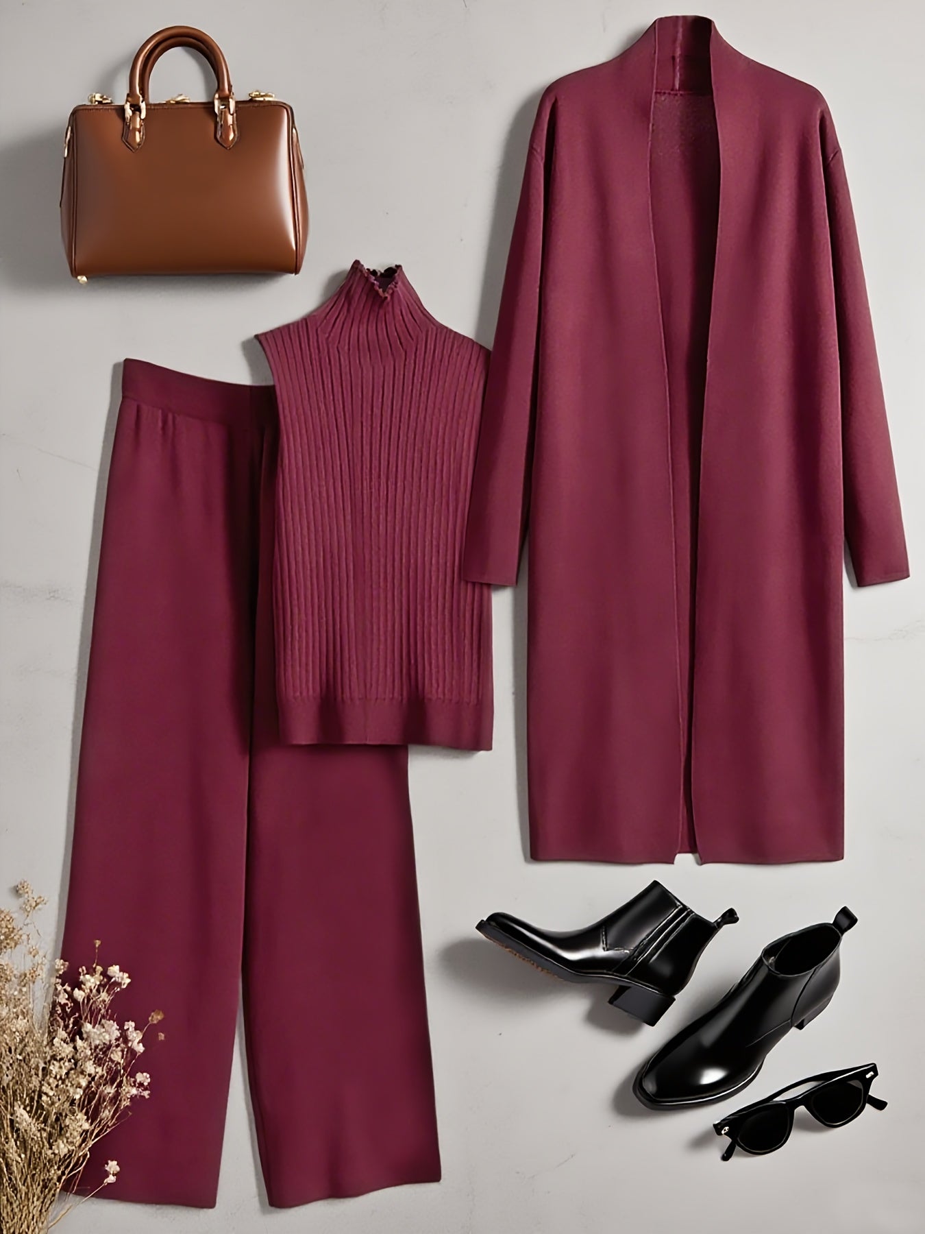 Set Invernale da Donna 3 Pezzi - Elegante Tuta Ispirata al Stile Coreano con Blazer a Collo, Pantaloni a Gamba Larga e Giacca | Lavabile a Mano per Ufficio e Semi-Formale, Beige/Marrone/Blu Navy/Taupe (Non Lavare a Secco)