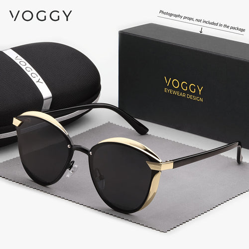 VOGGY Fashionable Retro Metal Polarized Fashion Glasses for Men & Women - Lightweight, Durable Design with Golden-Tone Frame & Black Lenses - Perfect for Driving, Hiking, Cycling, Fishing, Travel & Party Decor - Includes Case & Microfiber Cloth, Hiking Ey