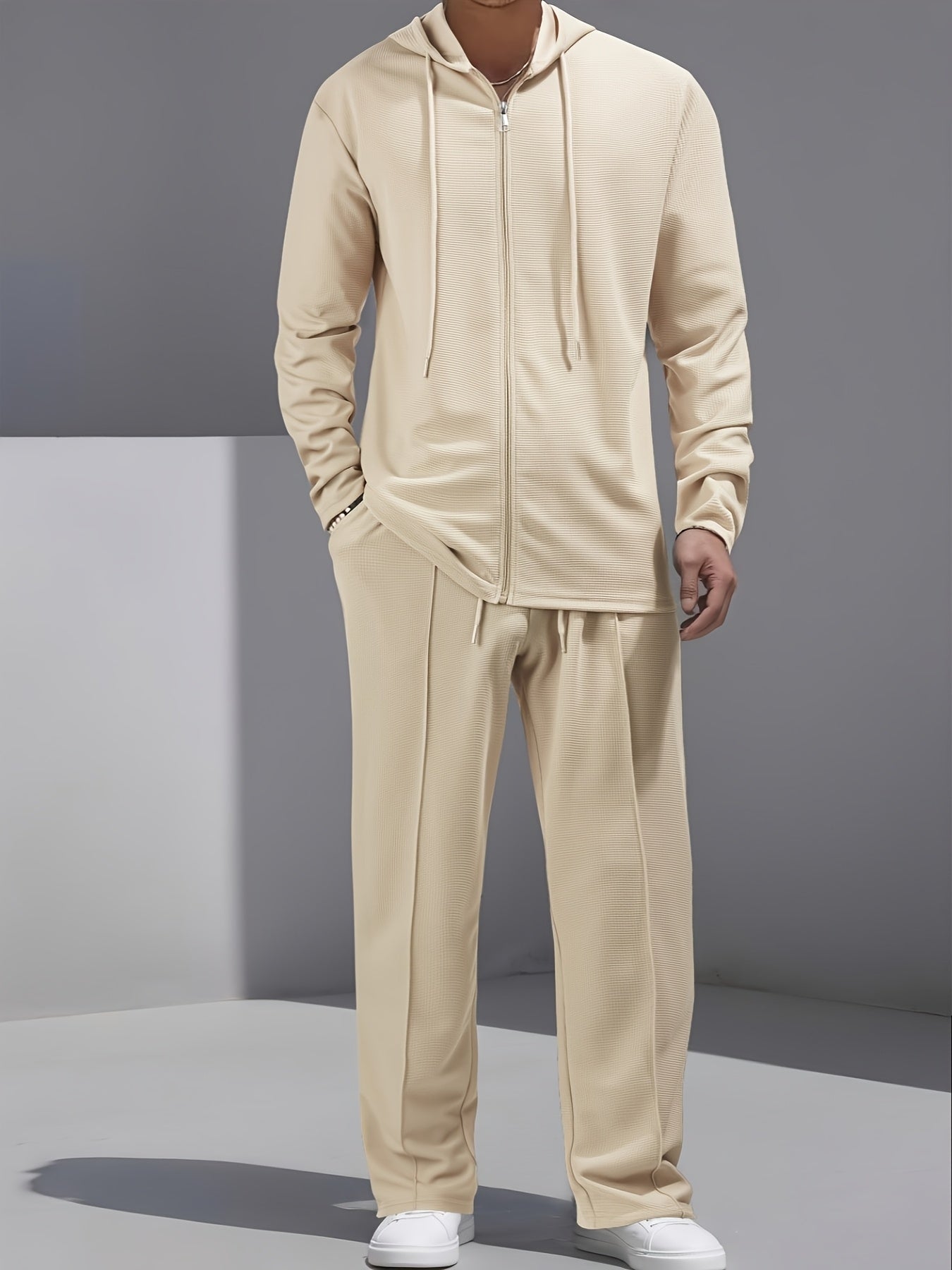 Set di 2 pezzi per uomo con cardigan con cappuccio e zip e pantaloni con coulisse - Pullover casual a maniche lunghe con tasche frontali, colore solido, outfit comodo per la primavera/autunno, abbigliamento per la primavera/autunno | Pullover con cappucci
