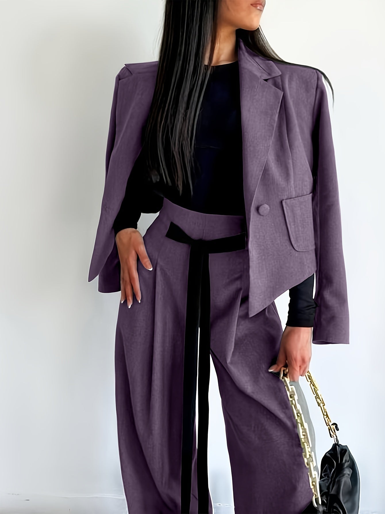BK052044 Elegant Suit Jacket and Waist-Tie Loose Straight-Leg Wide-Leg Pants Women's Two-Piece Suit