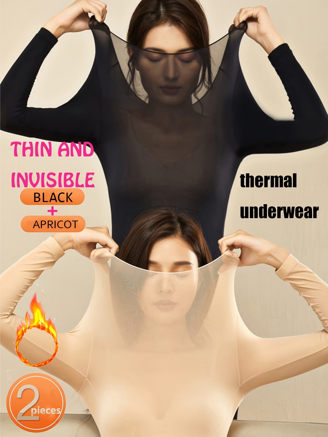 2pcs Sottovesti Caldi Ultra Sottili, Top Slim Fit a Manica Lunga Morbido e Confortevole ad Alta Elasticità, Intimo e Biancheria da Notte da Donna