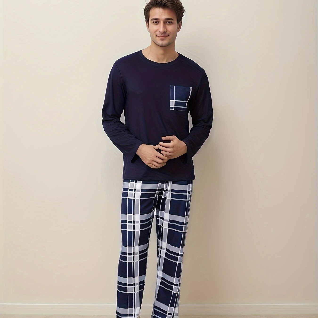 Set Pigiama Casual da Uomo - T-Shirt a Maniche Lunghe con Collo Rotondo & Pantaloni a Quadri, Misto Poliestere Morbido, Perfetto per la Primavera/Autunno