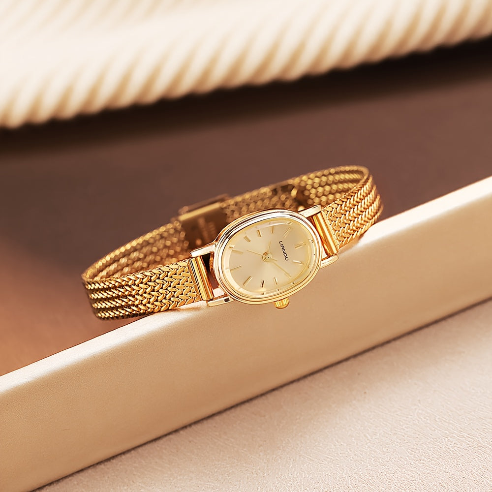 1pc SOKI Women's Golden-Tone Watch - Elegant Minimalist wristwatch with Alloy Chain-like Band, Quartz Movement, Everyday & Formal Jewelry - Perfect Gift for Women, Commuter Accessory, Goldtone Finish, Sleek Design, Stylish Accessory, Durable Material, Fas