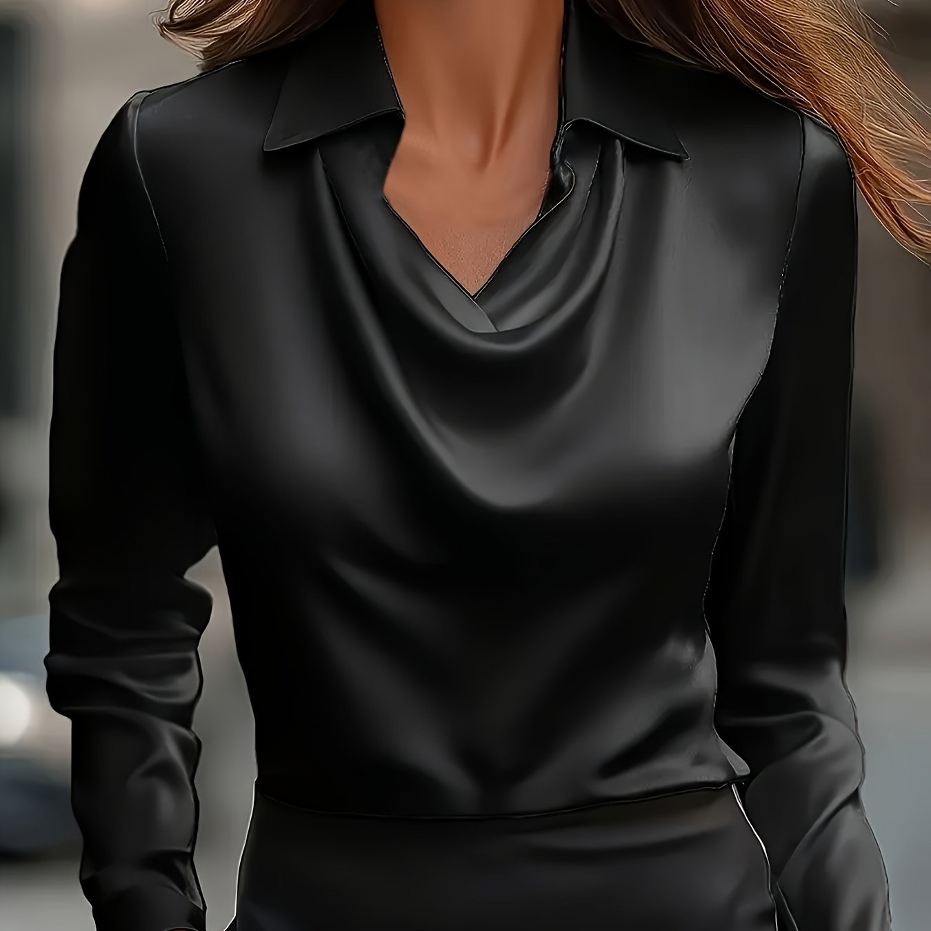 Women'S Elegant Satin Blouse with Pleated V-Neck & Long Sleeves - Chic Black Shirt for All Seasons, Versatile Fashion Top for Casual or Formal Occasions, Formal Attire, Sophisticated Style, Smooth Texture