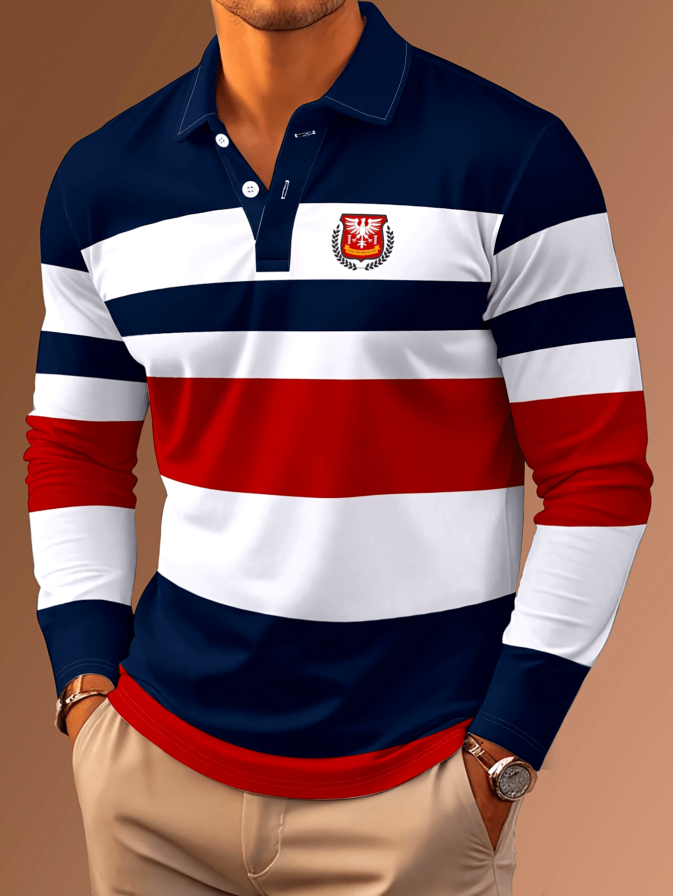 Maglietta polo casual da uomo a maniche lunghe con stampa digitale 3D - Design a righe nere e bianche, colletto con bottoni, vestibilità regolare per abbigliamento casual, abbigliamento confortevole | Stile polo classico | Abbigliamento casual resistente,