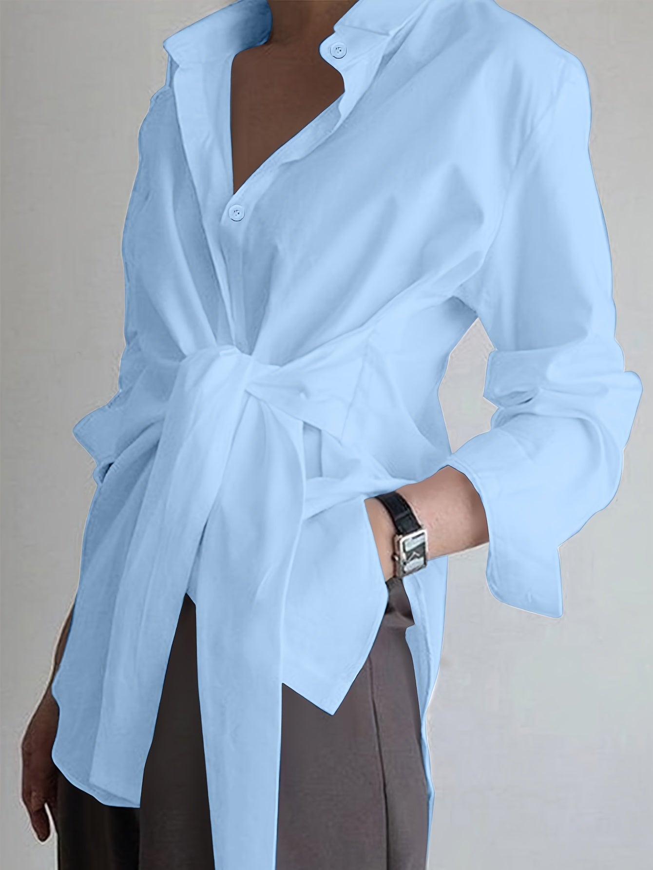 Women'S Casual Solid Color Long Sleeve Shirt, 100% Polyester, Lapel Collar, Button Front, All Season Woven Fabric, 117 gsm - Versatile Adult Shirting