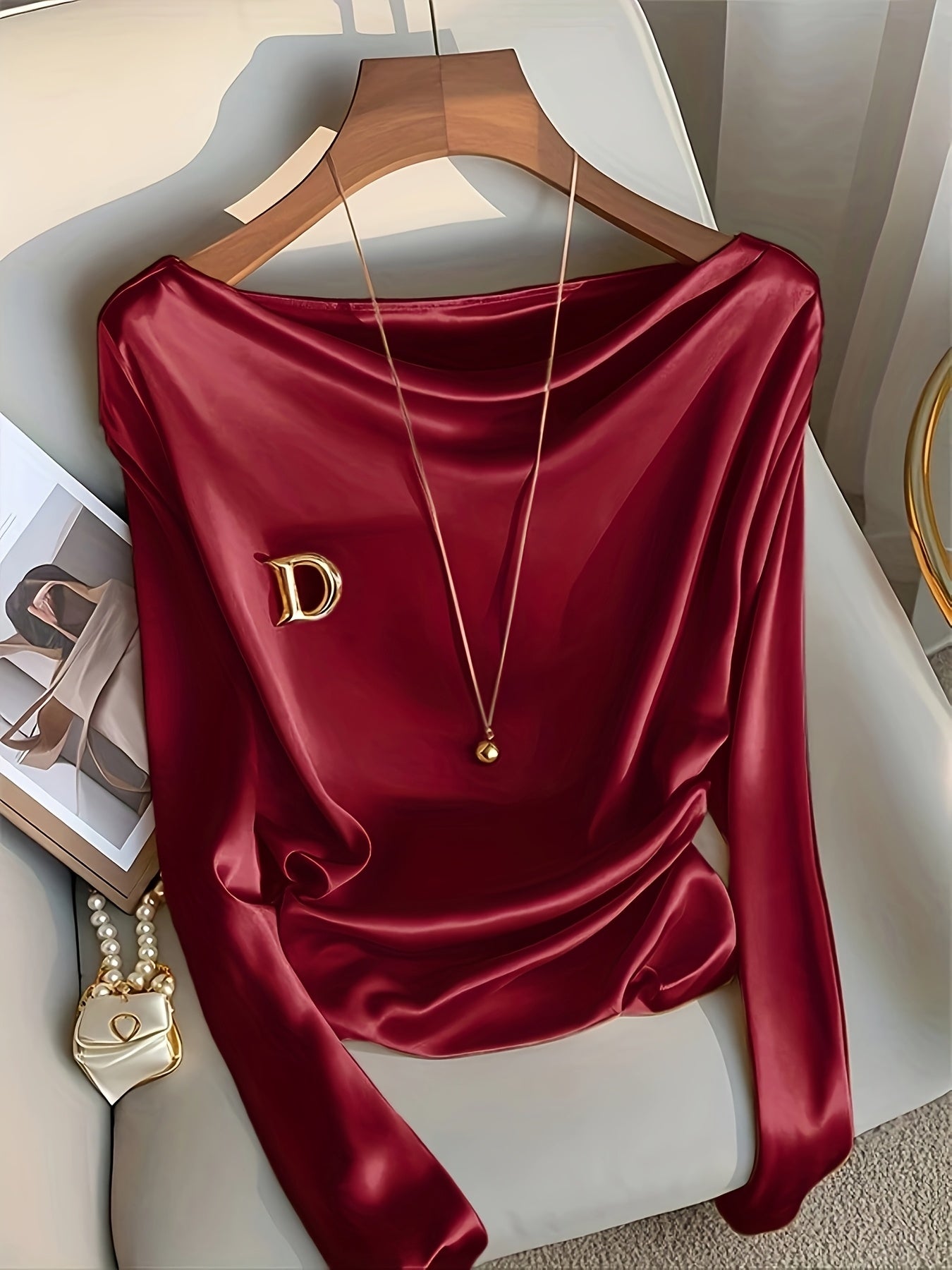 Maglietta elegante a maniche lunghe da donna - Colore solido, vestibilità slim, scollo a giro, poliestere, perfetta per feste, appuntamenti e lavoro, top elegante per tutti i giorni|Top a maniche lunghe e sottili|Tessuto in poliestere