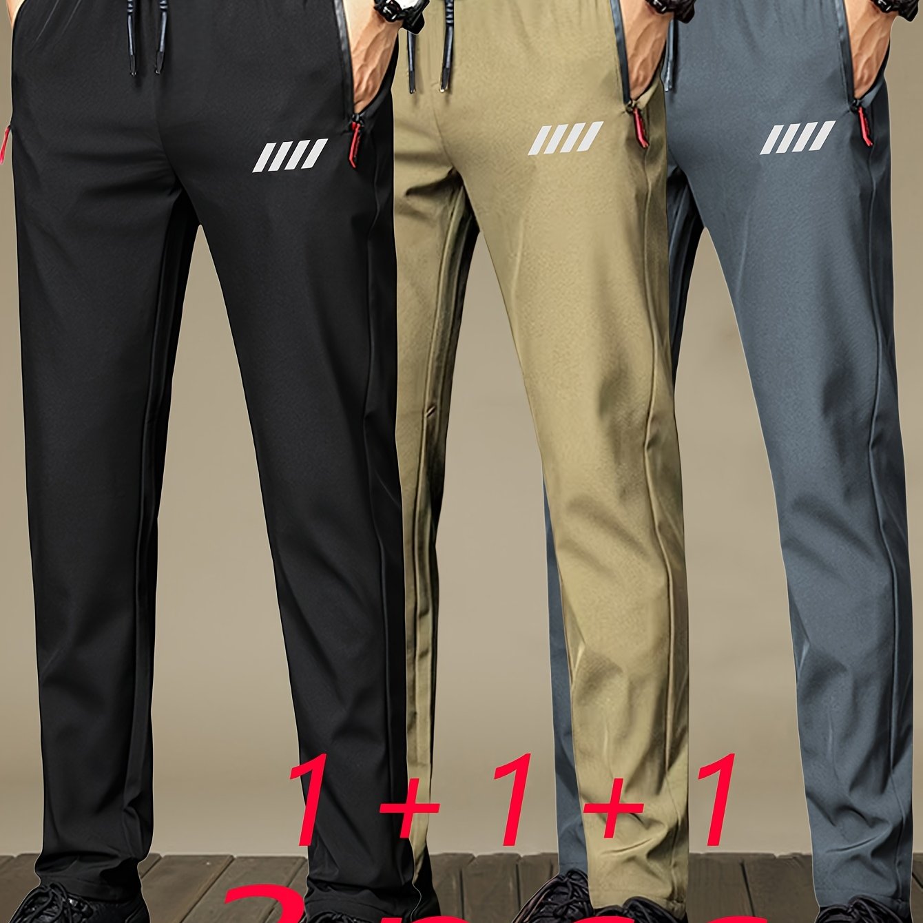 3 Pezzi di Pantaloni Sportivi da Uomo con Tasche con Cerniera, Design Stampa alla Moda, Tessuto Leggero e Traspirante per lo Sport Estivo e Abbigliamento Casual, Idea Regalo Perfetta, Pantaloni Atletici Moderni, Design Pratico delle Tasche