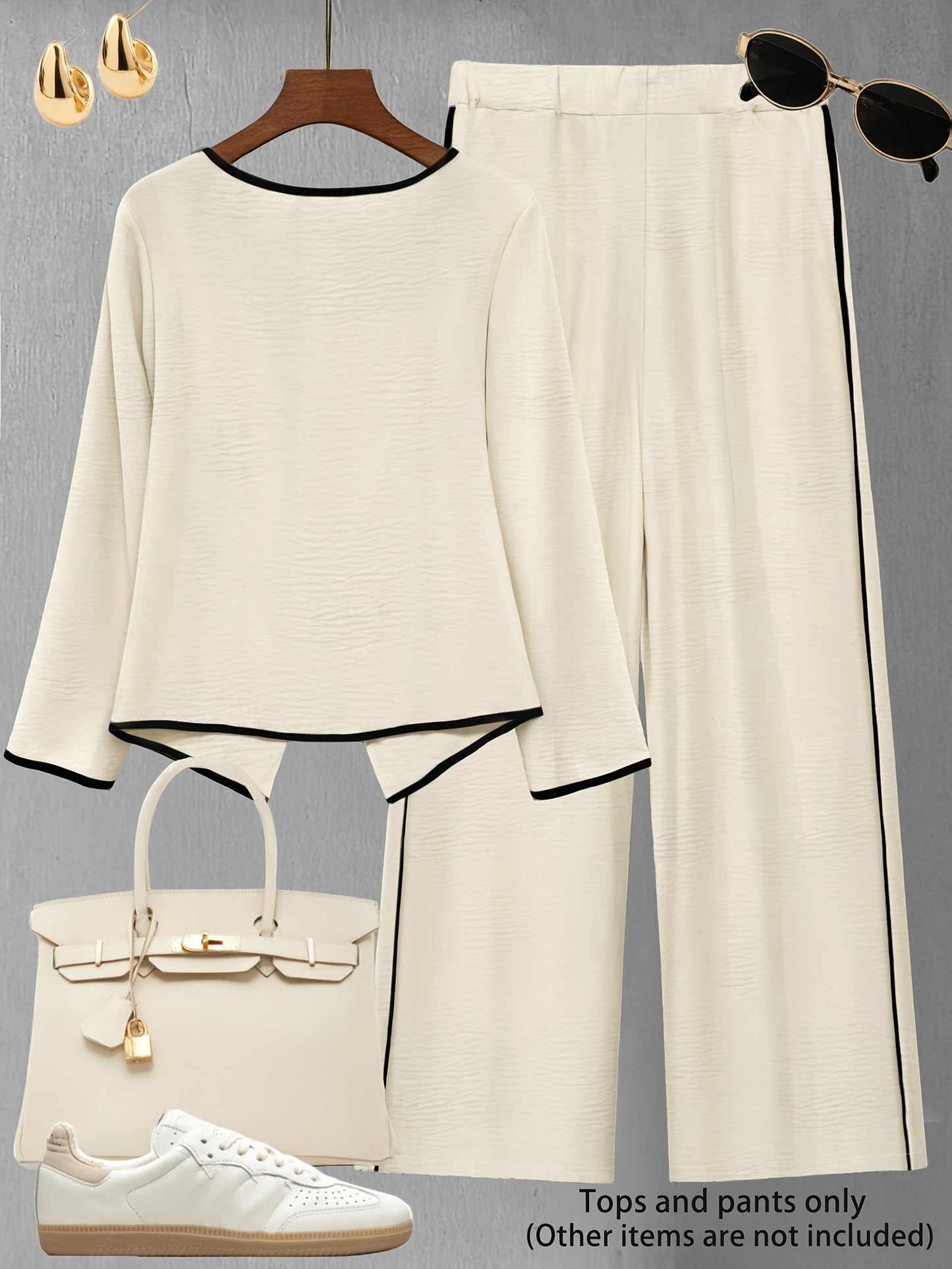 Set di pantaloni alla moda per donna, composto da top a maniche lunghe color block e pants casuali: un set elegante