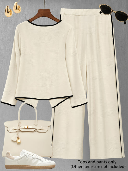 Set di pantaloni alla moda per donna, composto da top a maniche lunghe color block e pants casuali: un set elegante