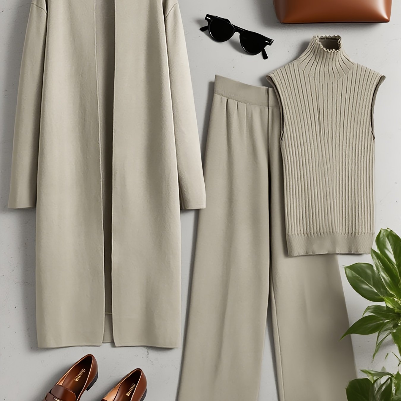 Set Invernale da Donna 3 Pezzi - Elegante Tuta Ispirata al Stile Coreano con Blazer a Collo, Pantaloni a Gamba Larga e Giacca | Lavabile a Mano per Ufficio e Semi-Formale, Beige/Marrone/Blu Navy/Taupe (Non Lavare a Secco)