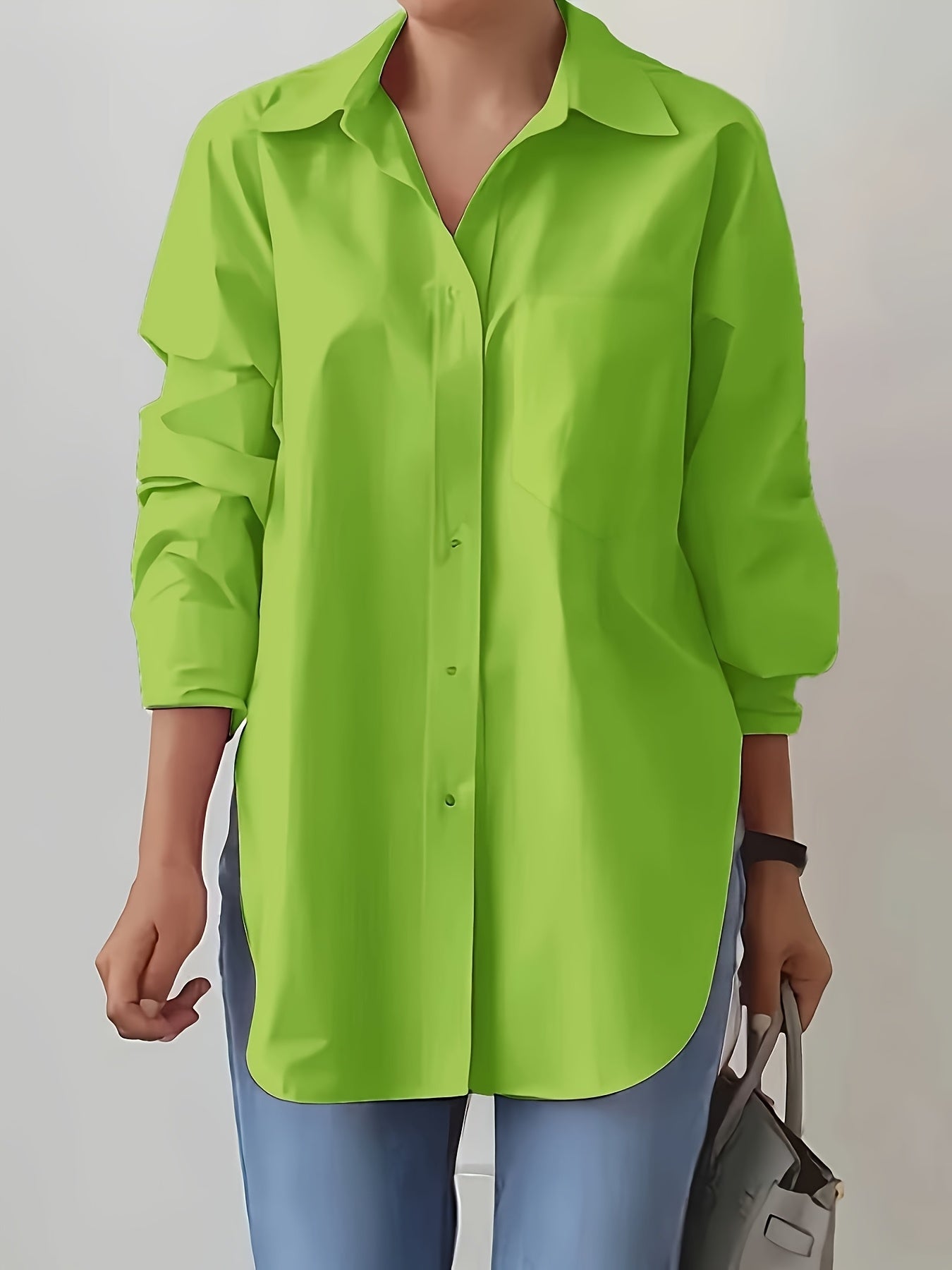 Women'S Elegant Solid Color Button-Up Shirt with Long Sleeves - Red, Casual Style, Perfect for Spring/Summer, Casual Attire|Elegant Buttonup|Long Sleeve Shirt