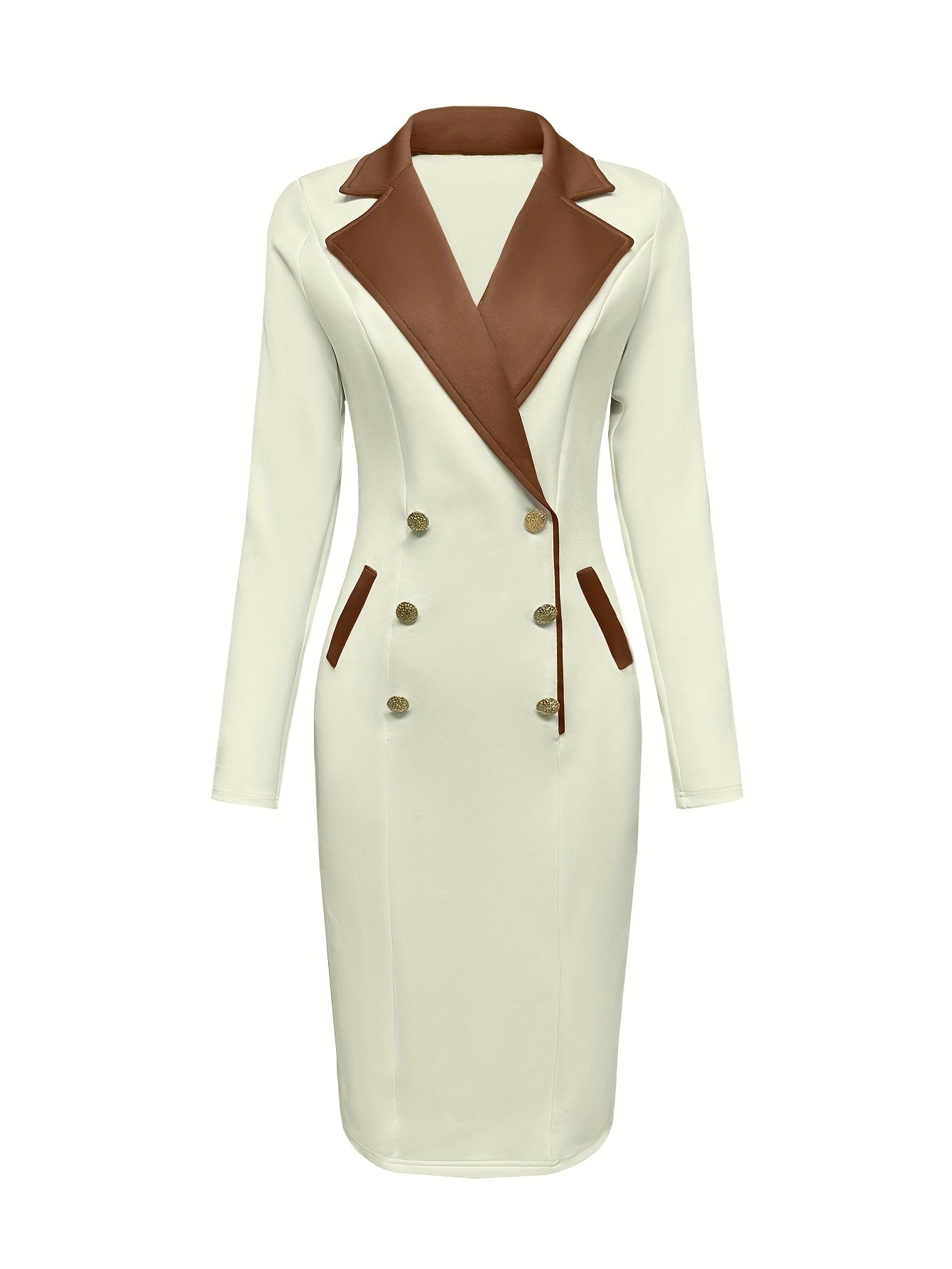 Abito formale da donna elegante e aderente con inserti a contrasto e bottoni decorativi - Silhouette a trapezio a maniche lunghe, colletto strutturato e tasche