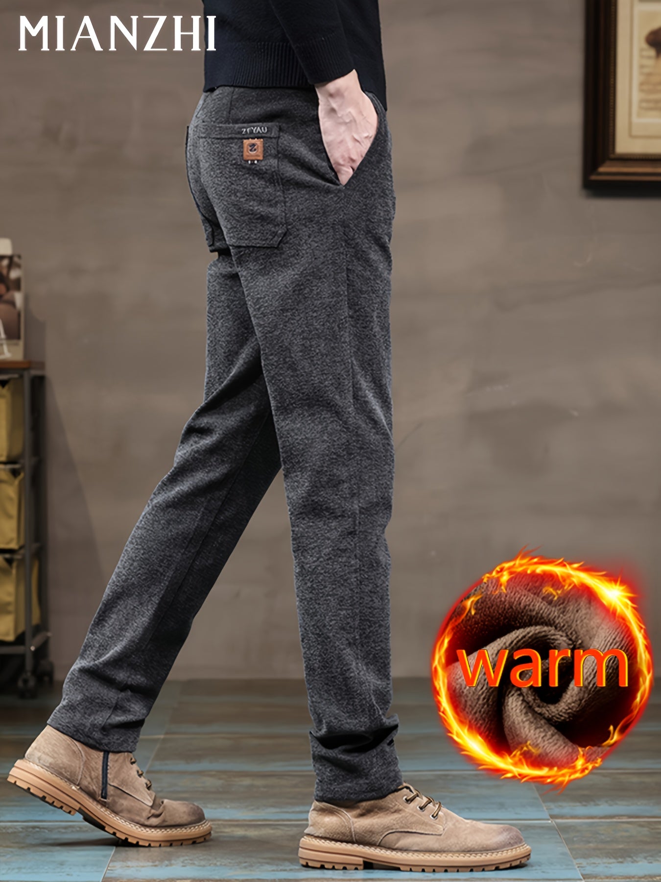 MIANZHI Pantaloni Invernali Uomo con Fodera in Peluche - Caldi e Spessori, Vita Media Cinturati per Look Casual o Formale Lavabili a Macchina Durevolissimi Ideali come Regalo (Pantalone da Lavoro Elastico alla Caviglia) Khaki di Alta Qualità Perfetti anch