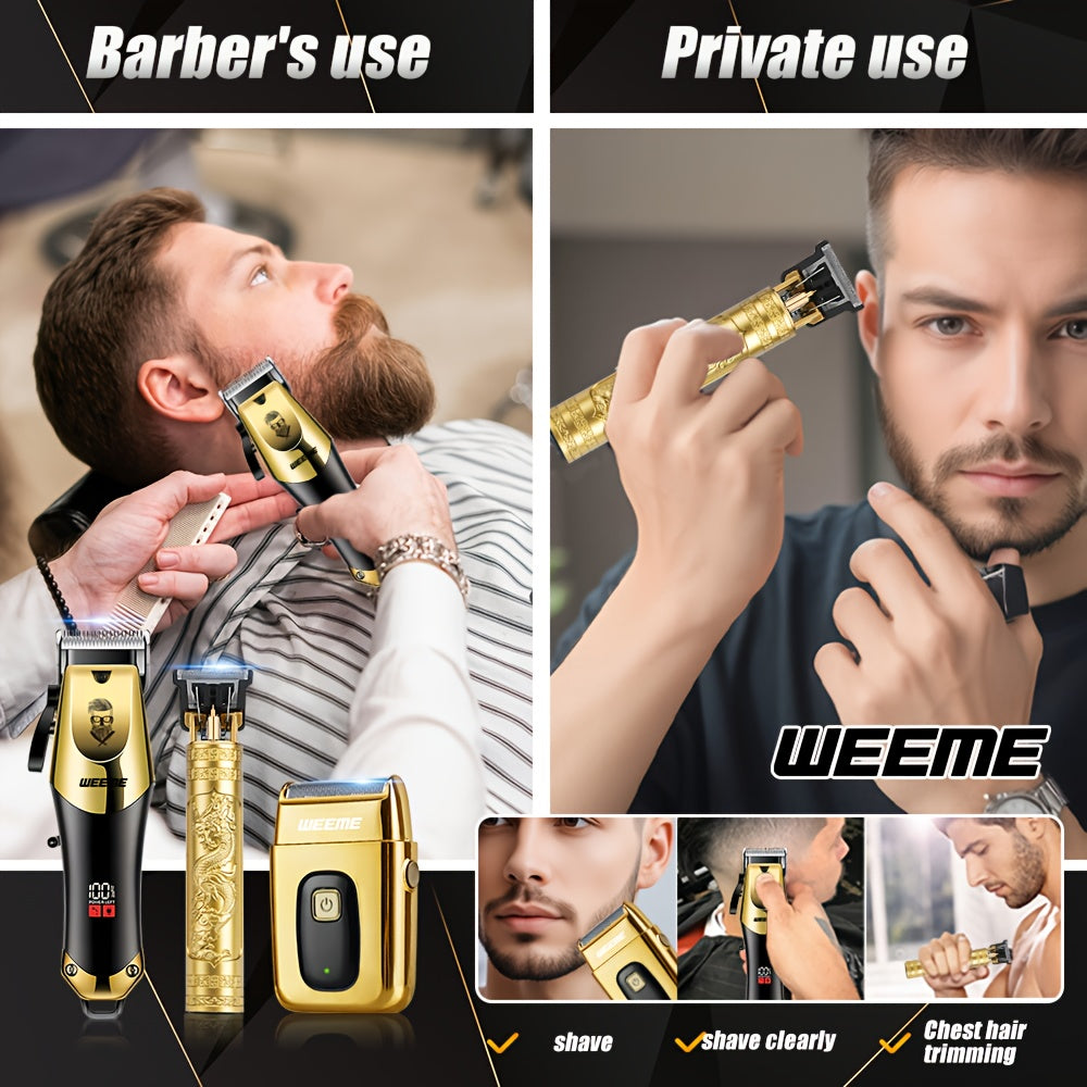 WEEME Set di 3 pezzi per taglio capelli elettrico da uomo, set per parrucchiere domestico, tagliacapelli USB ricaricabile, testina in lega, display LCD, forma intagliata, ideale per casa e viaggi, regalo per la Festa del Papà